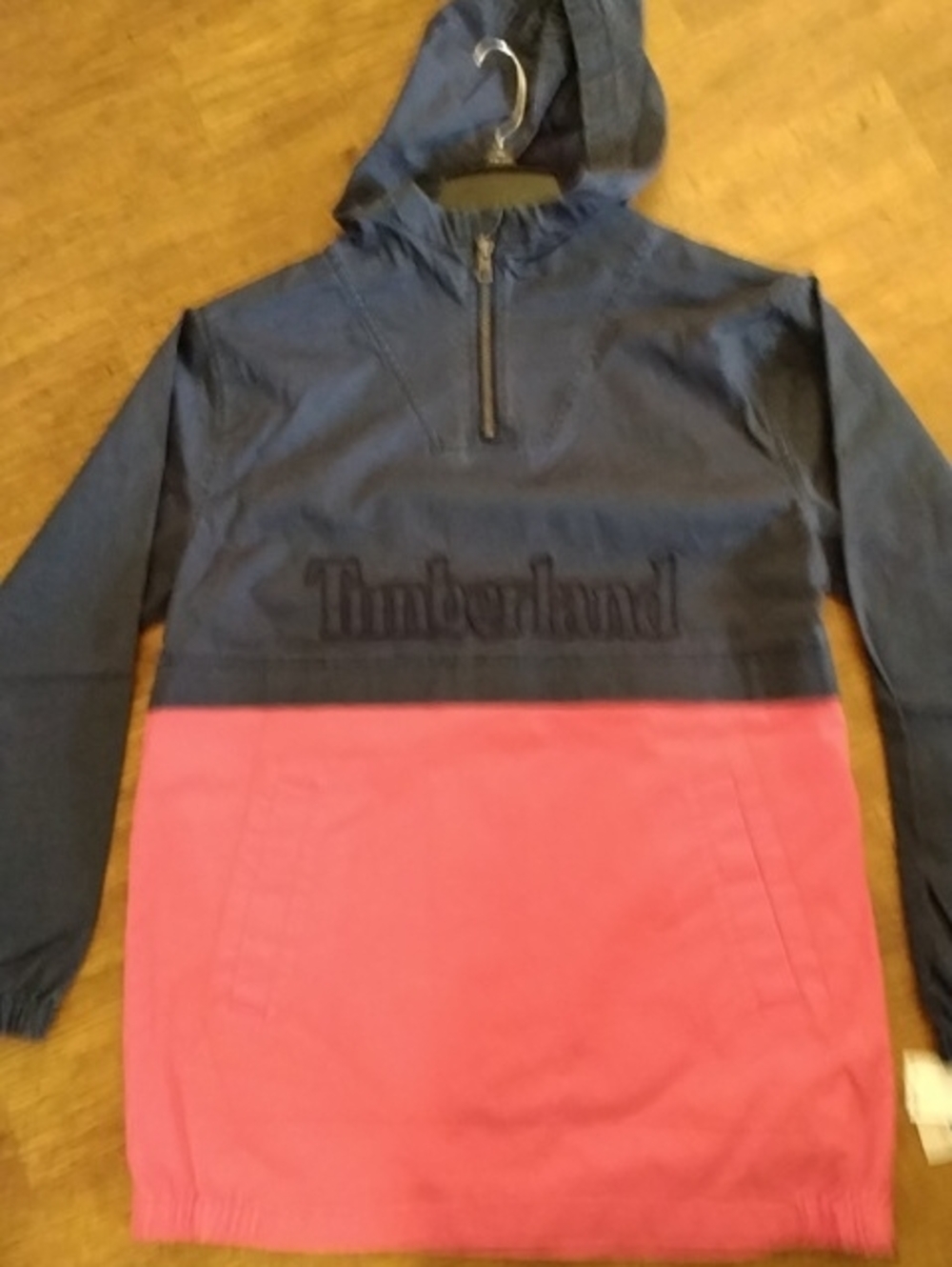 Timberland Navy and Pink Hooded Half-Zip Pullover Raincoat